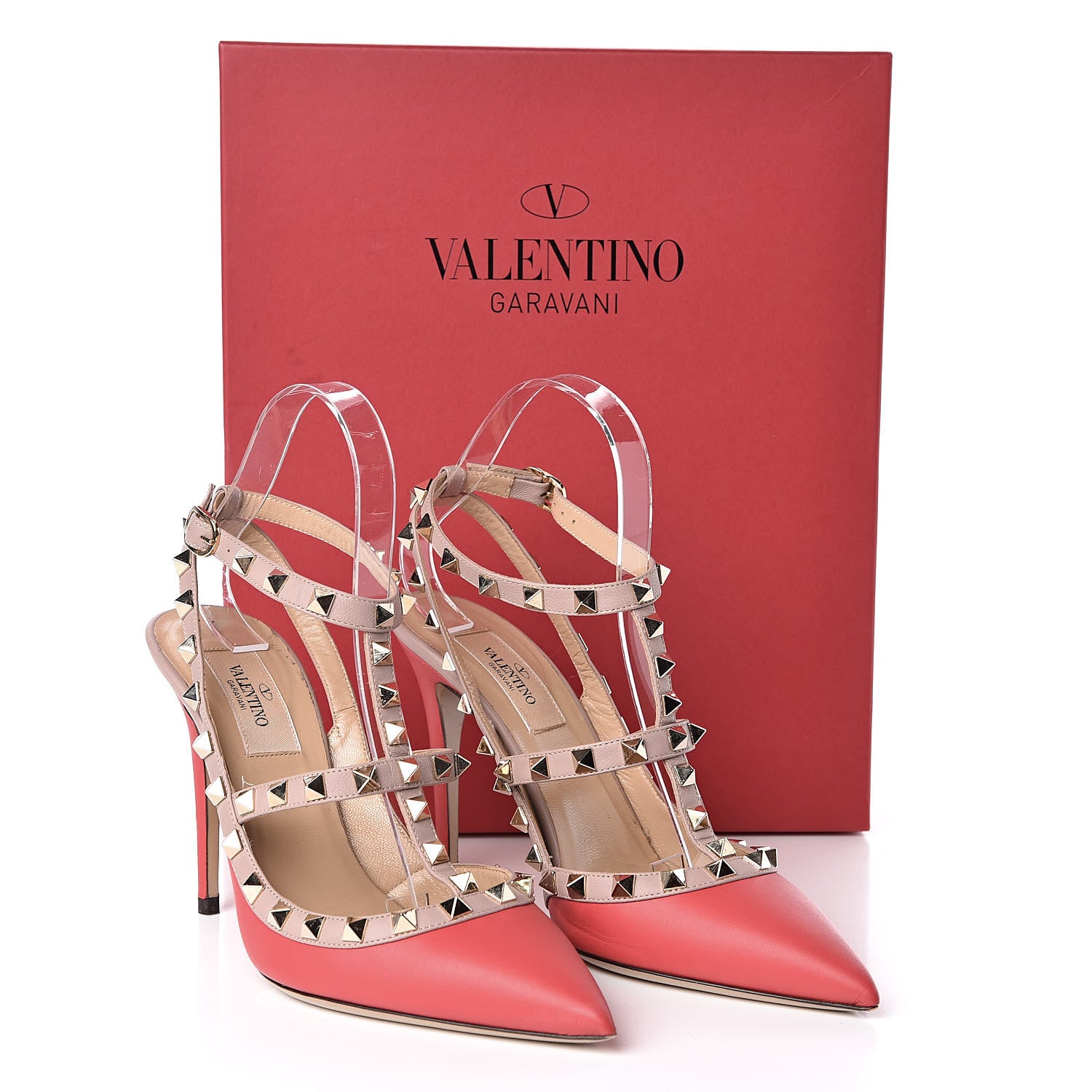 Valentino Garavani Calfskin Nappa Rockstud Ankle Strap 100mm Pumps 37.5 Deep Coral Poudre 10 of 10