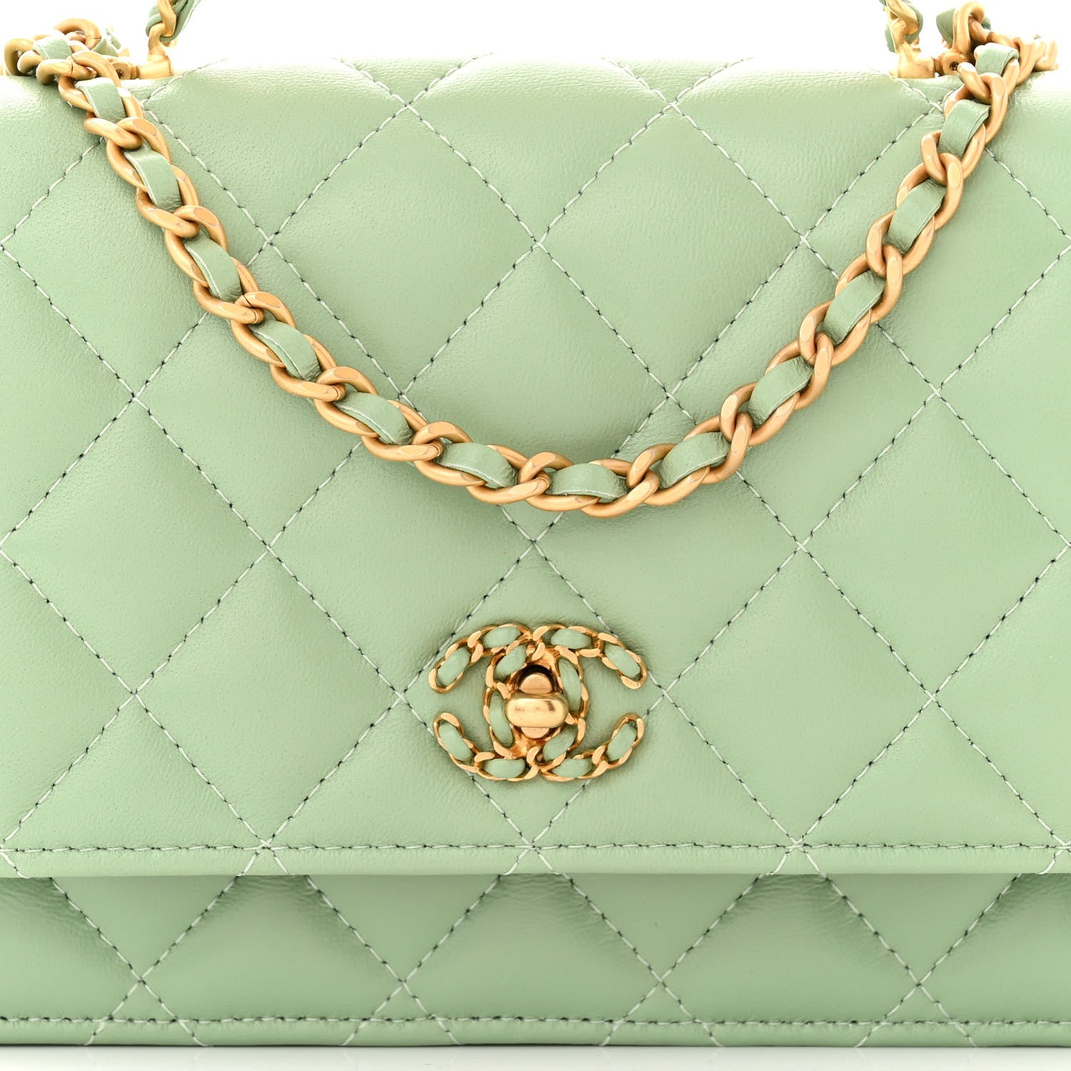 Chanel Lambskin Quilted CC Logo Handle Wallet On Chain WOC Light Green 9 of 12