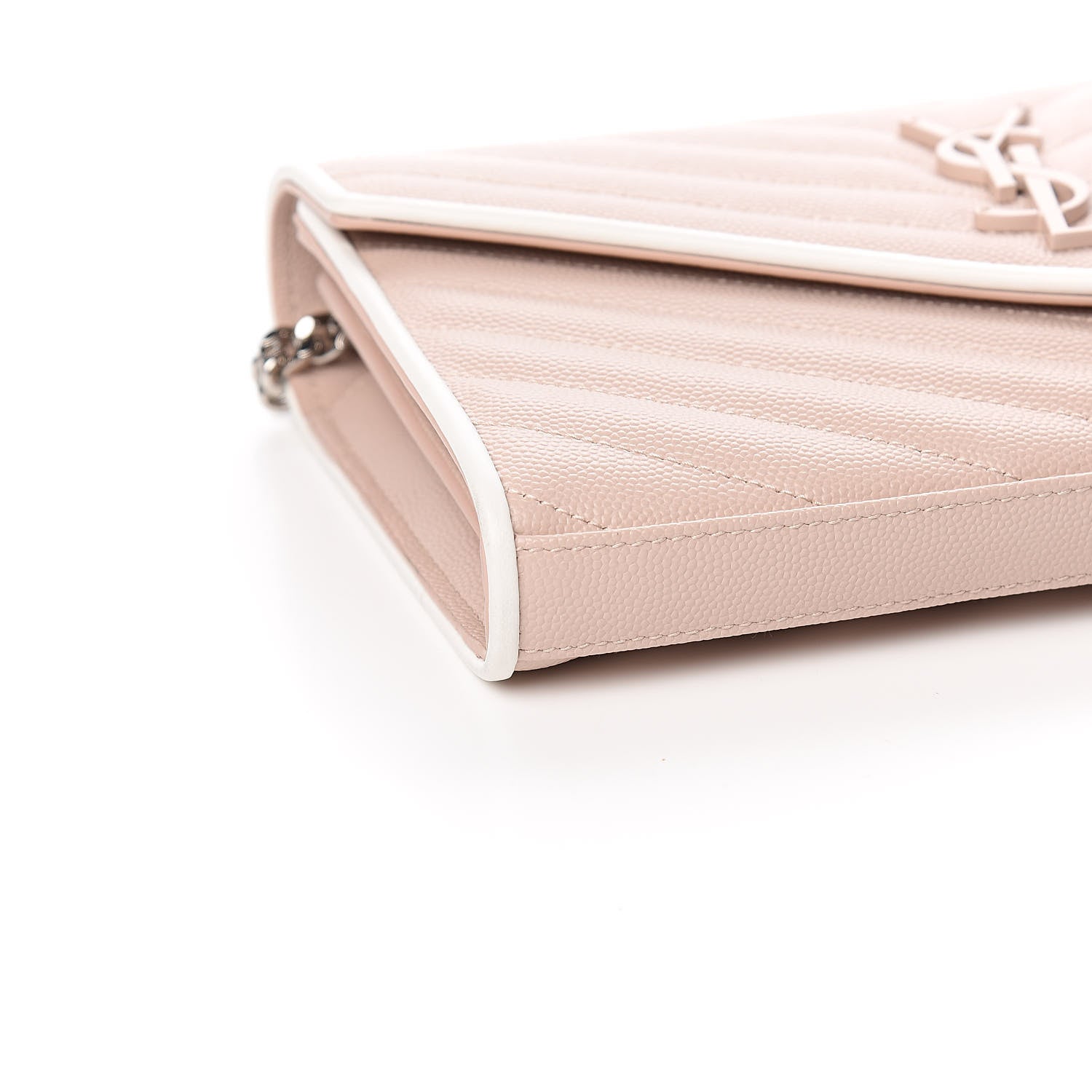 Saint Laurent Grain De Poudre Matelasse Chevron Monogram Chain Wallet Pink and White 7 of 12