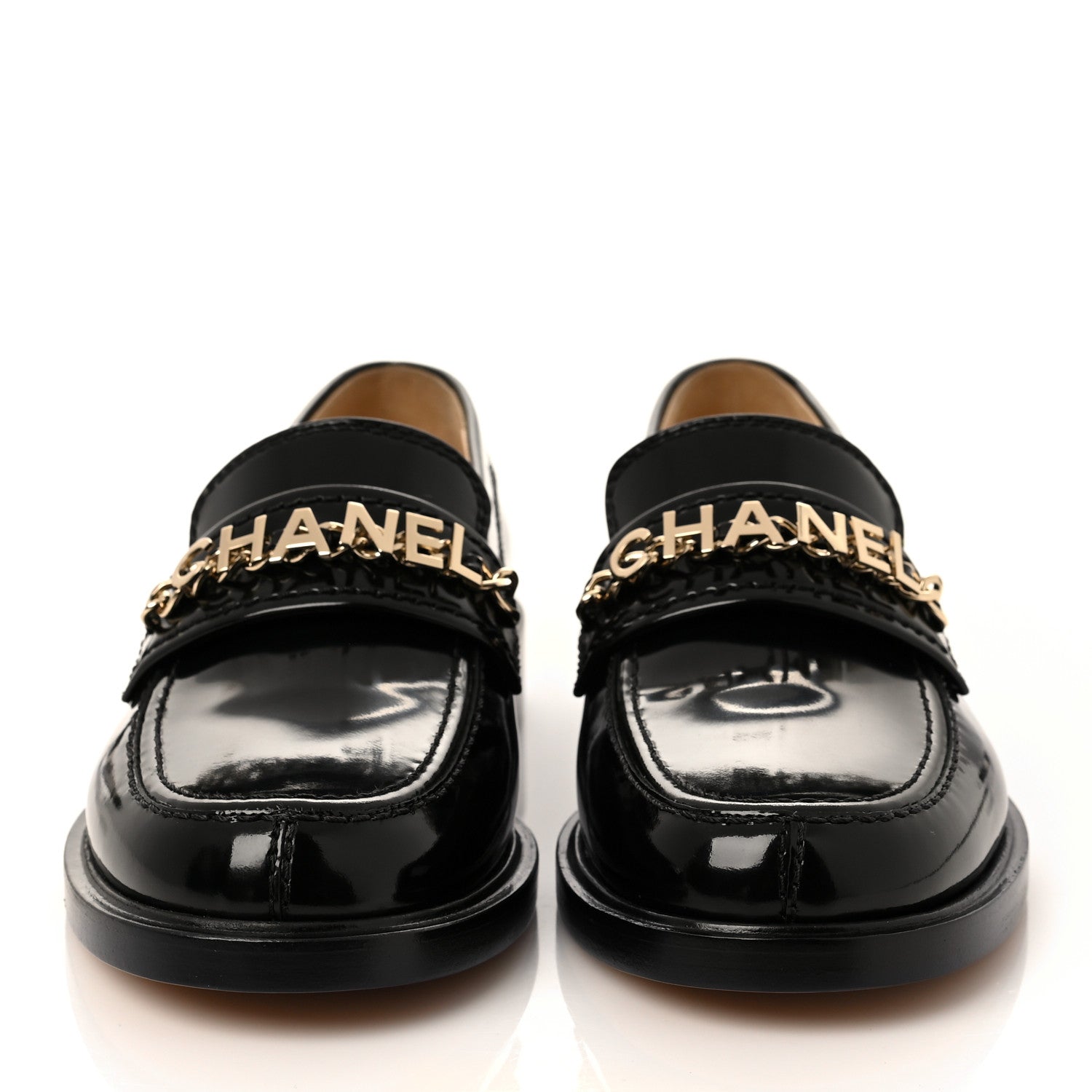Chanel Shiny Calfskin Logo Loafers 37.5 Black 1094554