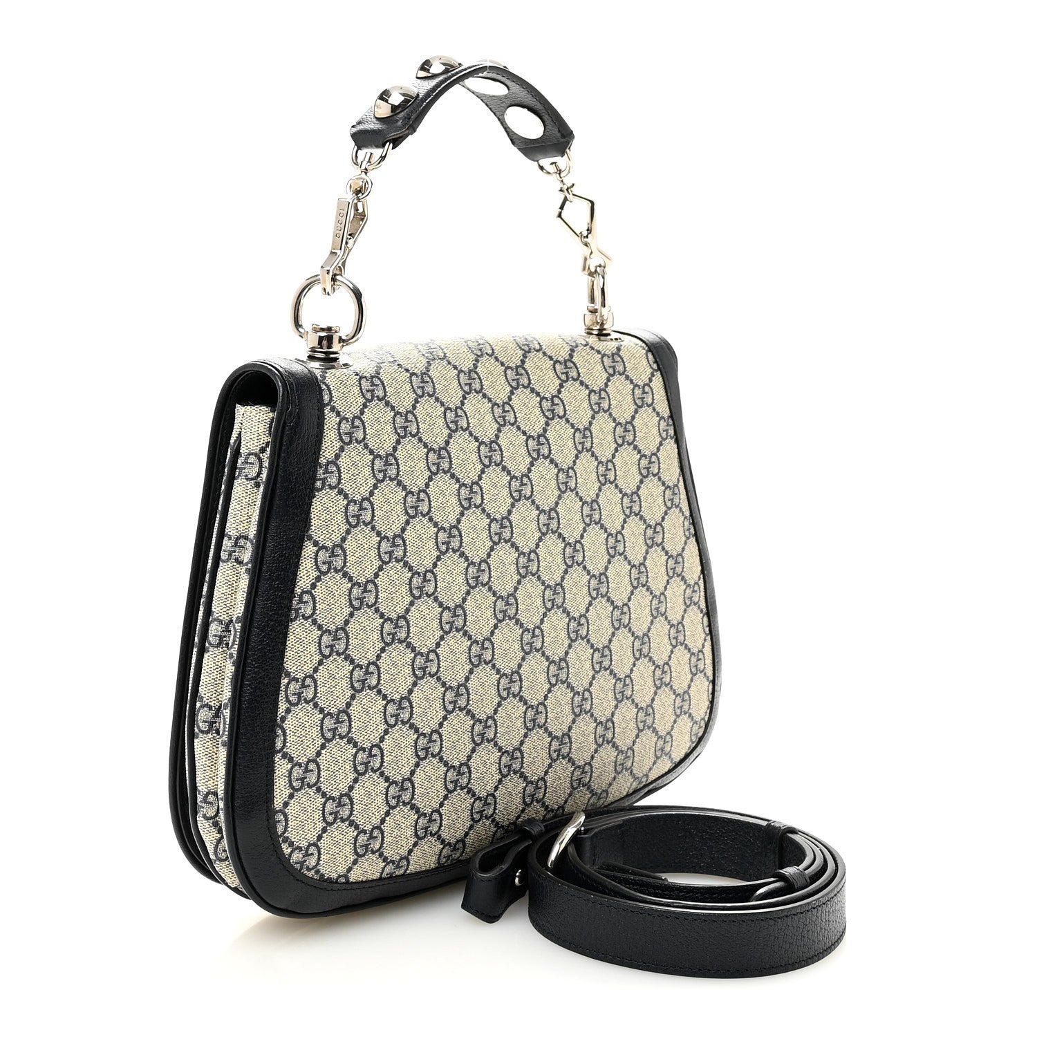 Gucci GG Supreme Monogram Textured Dollar Calfskin Web Medium Blondie Top Handle Shoulder Flap Bag Beige Blue 3 of 10