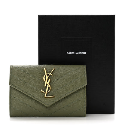 Saint Laurent Grain De Poudre Matelasse Chevron Small Monogram Envelope Wallet Light Sage 9 of 9