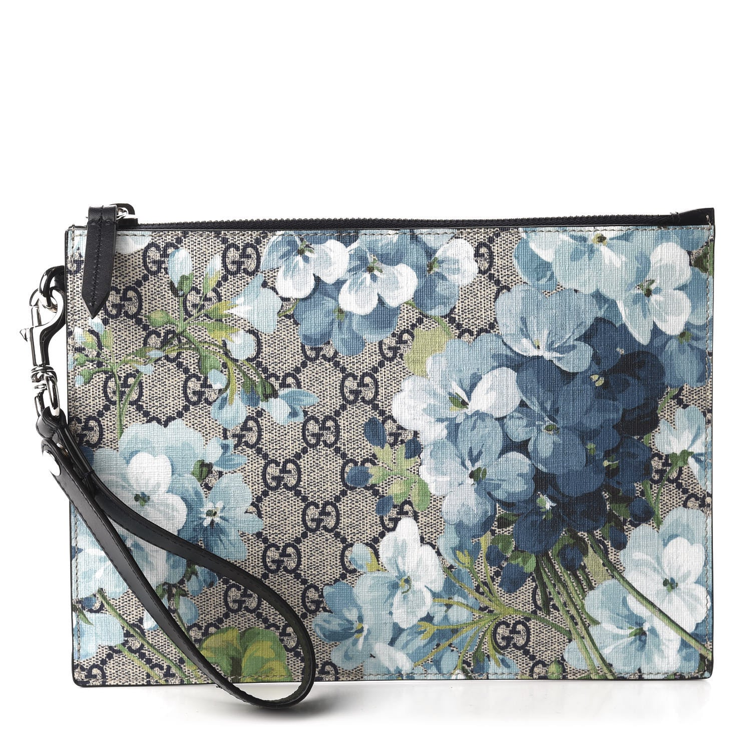 Gucci GG Supreme Monogram Blooms Small Zip Wristlet Pouch Beige Blue Black 1 of 7