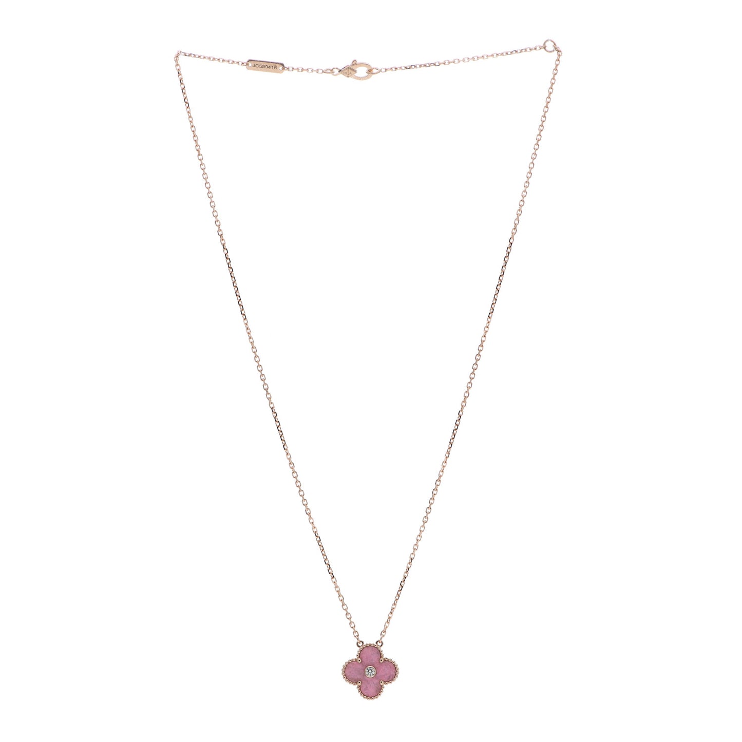 18K Rose Gold Diamond Rhodonite Vintage Alhambra Pendant Necklace