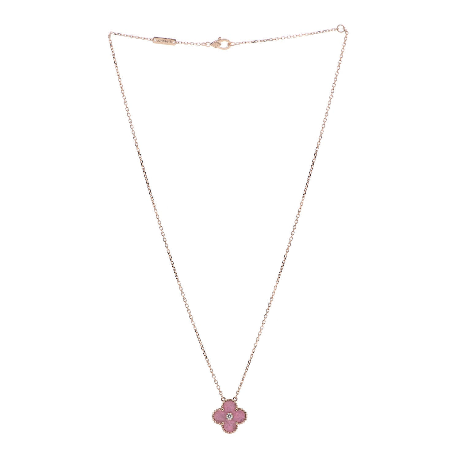 Van Cleef & Arpels 18K Rose Gold Diamond Rhodonite Vintage Alhambra Pendant Necklace 3 of 6