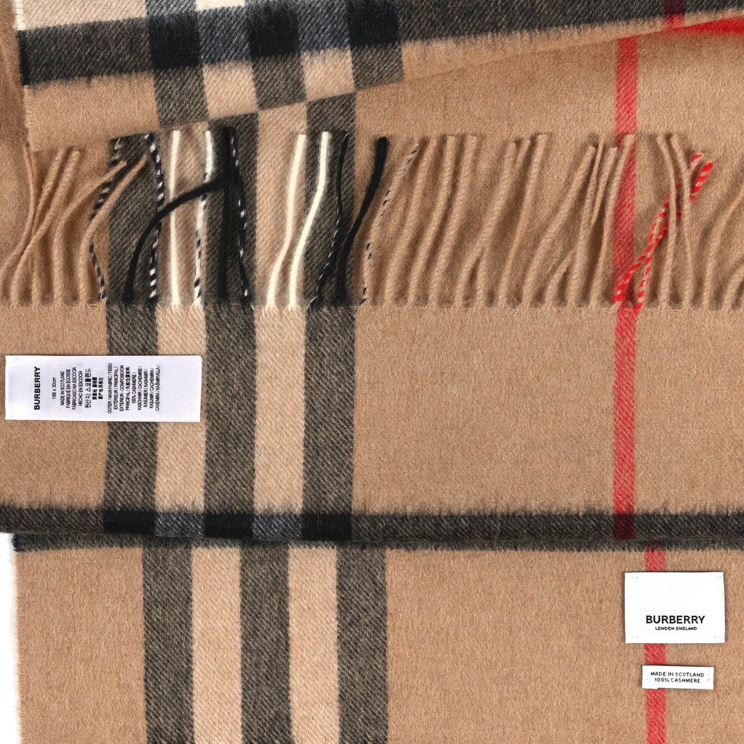 Cashmere Giant Check Fringe Scarf Camel