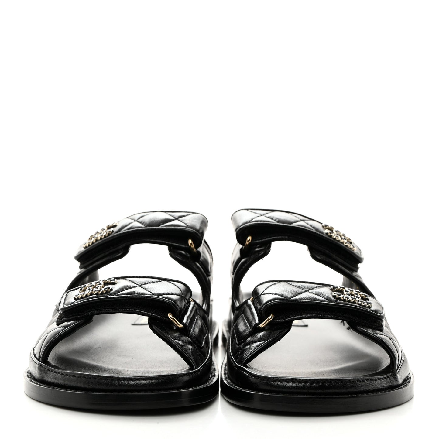 Lambskin Quilted Velcro Dad Chain CC Slide Sandals 37.5 Black