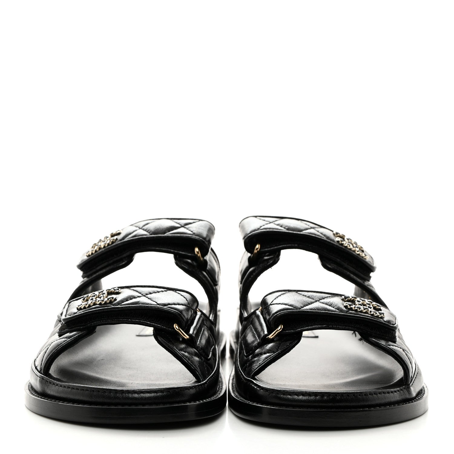 Chanel Lambskin Quilted Velcro Dad Chain CC Slide Sandals 37.5 Black 2 of 9