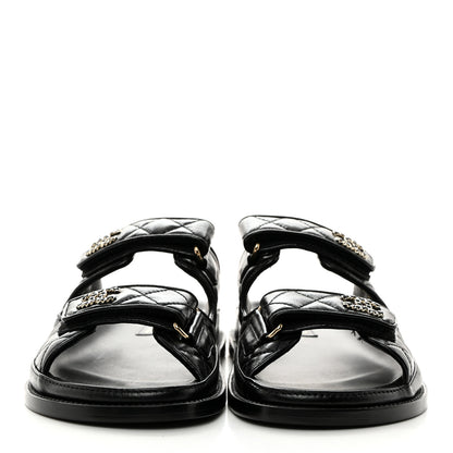 Chanel Lambskin Quilted Velcro Dad Chain CC Slide Sandals 37.5 Black 2 of 9