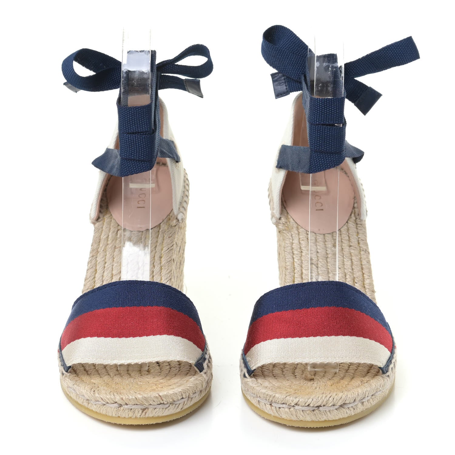 Gucci Canvas Sylvie Web Ankle Wrap Espadrille Wedge Sandals 36.5 Mystic White Hibiscus Red Maritime 2 of 6