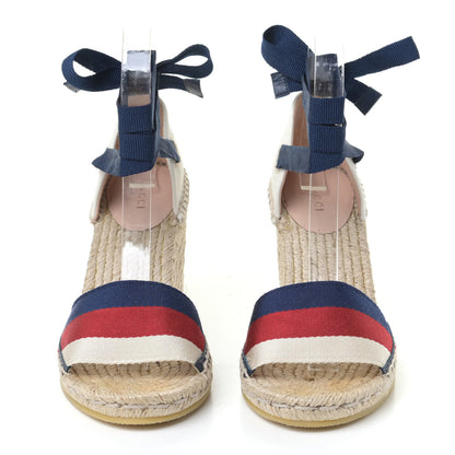 Gucci Canvas Sylvie Web Ankle Wrap Espadrille Wedge Sandals 36.5 Mystic White Hibiscus Red Maritime 2 of 6