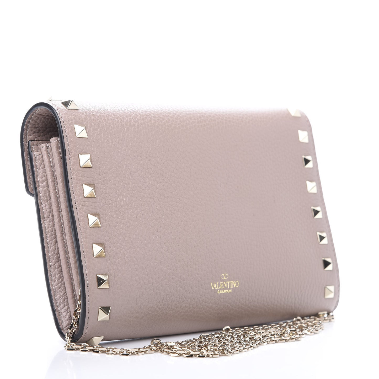 Pebbled Calfskin Rockstud Envelope Wallet on Chain Poudre