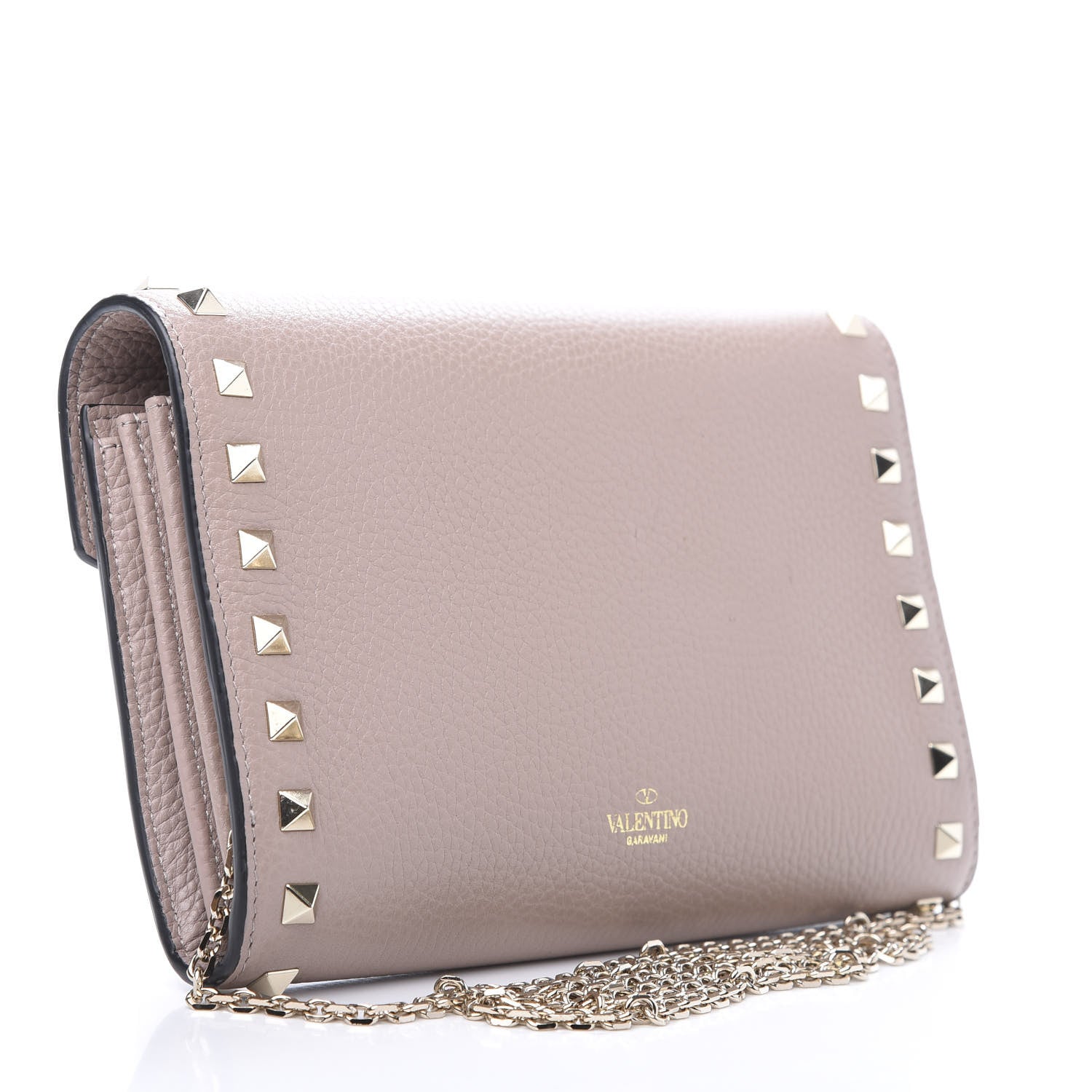 Valentino Garavani Pebbled Calfskin Rockstud Envelope Wallet on Chain Poudre 3 of 12