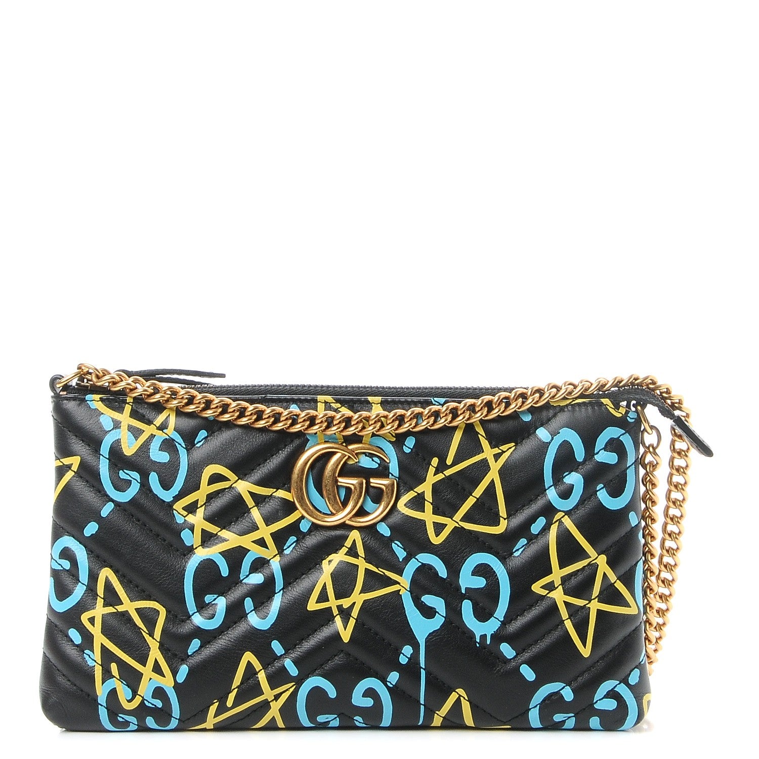 Gucci Calfskin Matelasse Printed Mini GucciGhost GG Marmont Chain Bag Black New Acquamarine 1 of 10