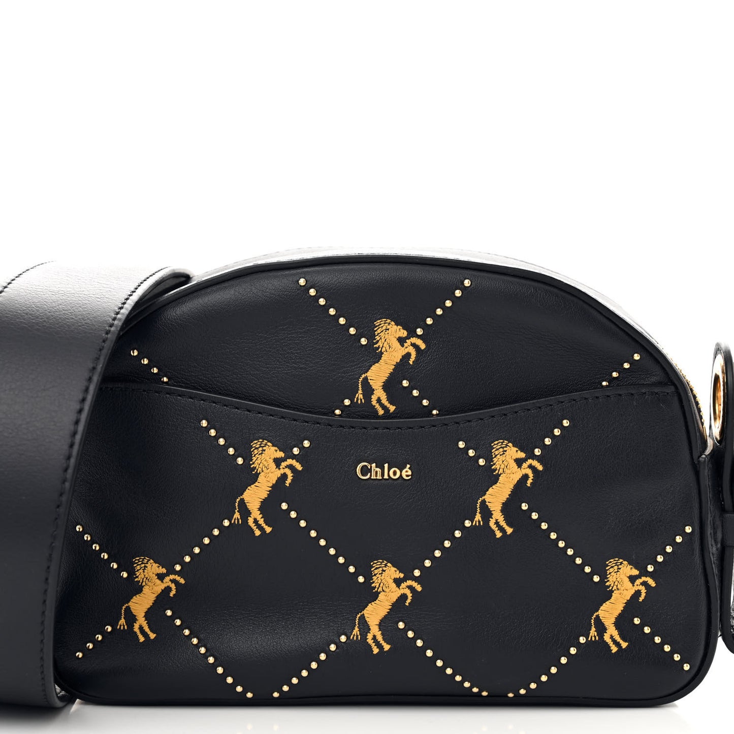 Smooth Calfskin Little Horses Embroidered Shoulder Bag Black
