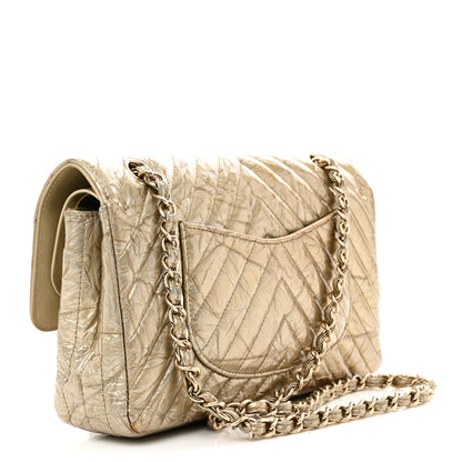 Chanel Metallic Patent Crumpled Calfskin Chevron Quilted Medium Double Flap Gold 3 of 18