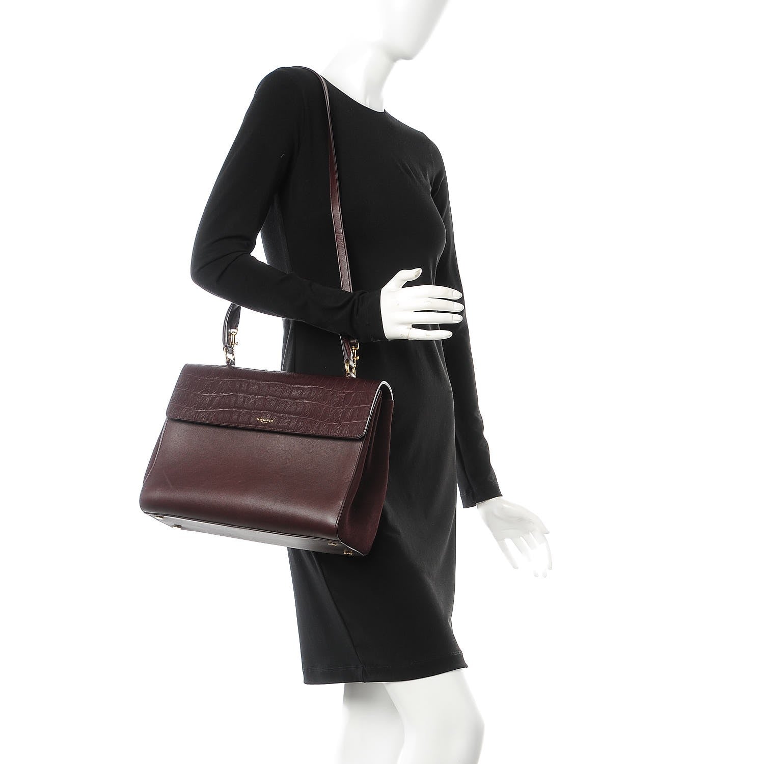 Saint Laurent Calfskin Crocodile Embossed Medium Moujik Top Handle Bag Amarena 2 of 17