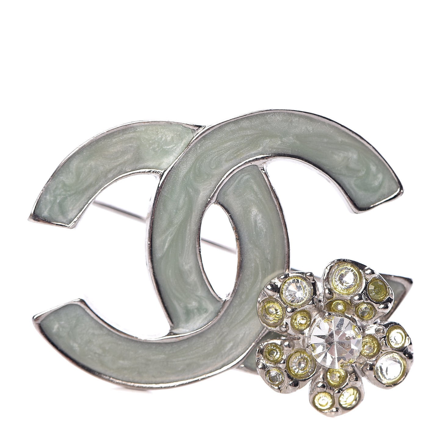 Glitter Enamel Crystal CC Camellia Brooch Light Green Silver