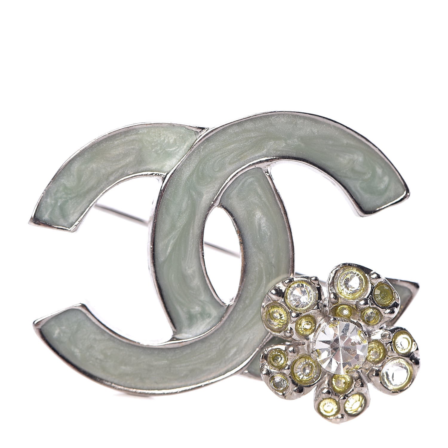 Chanel Glitter Enamel Crystal CC Camellia Brooch Light Green Silver 1 of 5