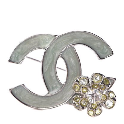 Chanel Glitter Enamel Crystal CC Camellia Brooch Light Green Silver 1 of 5