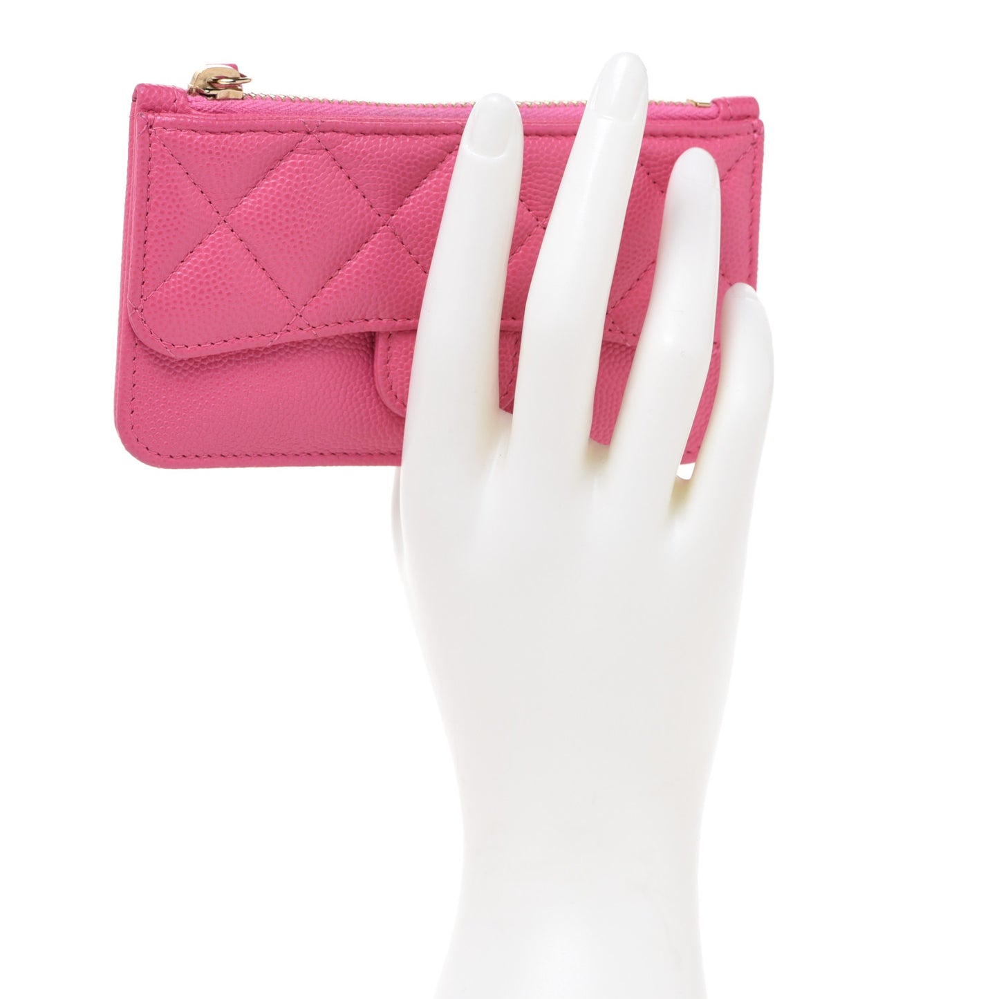 Caviar Quilted Flap Zip Card Holder Pink