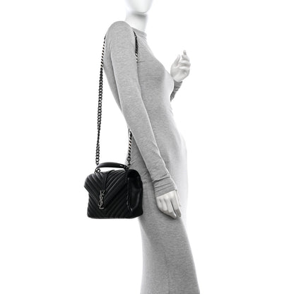 Saint Laurent Sheepskin Matelasse Chevron Monogram Medium College Bag Black 2 of 16