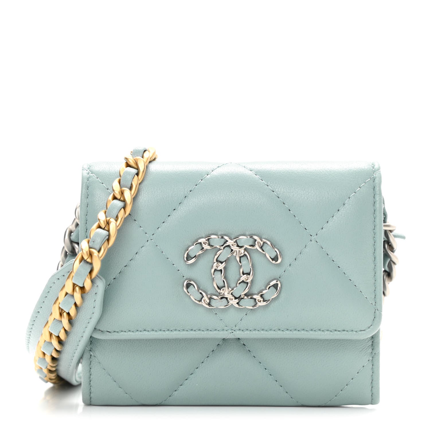 Chanel Lambskin Quilted Chanel 19 Flap Coin Purse With Chain Light Blue 1 of 13