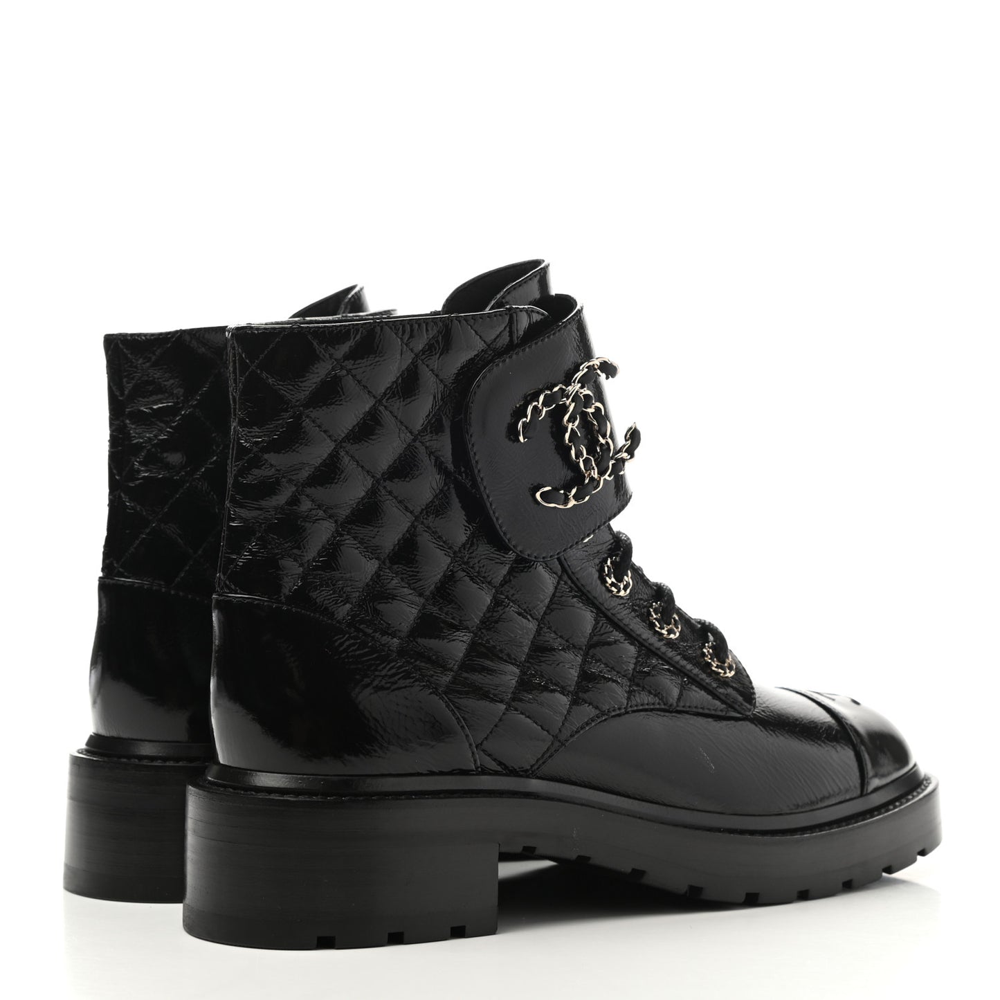 Shiny Lambskin Quilted Lace Up Combat Boots 40 Black