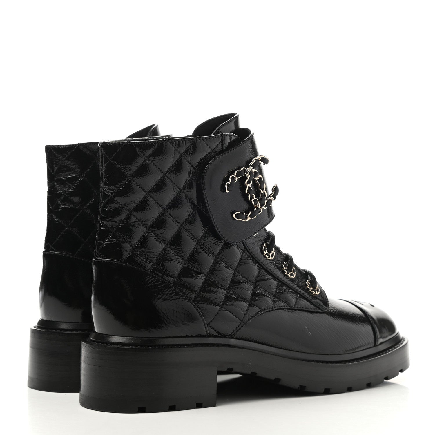 Chanel Shiny Lambskin Quilted Lace Up Combat Boots 40 Black 4 of 10