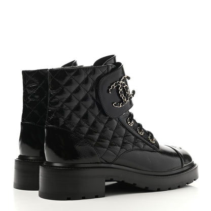 Chanel Shiny Lambskin Quilted Lace Up Combat Boots 40 Black 4 of 10