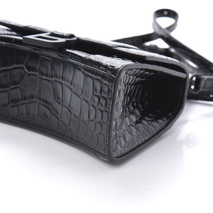Balenciaga Shiny Calfskin Monochrome Crocodile Embossed Hourglass Top Handle Bag XS Black 7 of 9