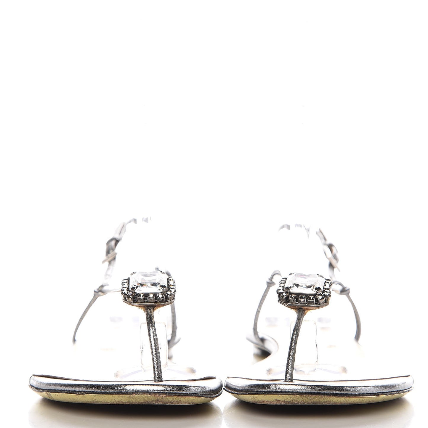 Metallic Vitello Crystal Slingback Flat Thong Sandals 38.5 Silver