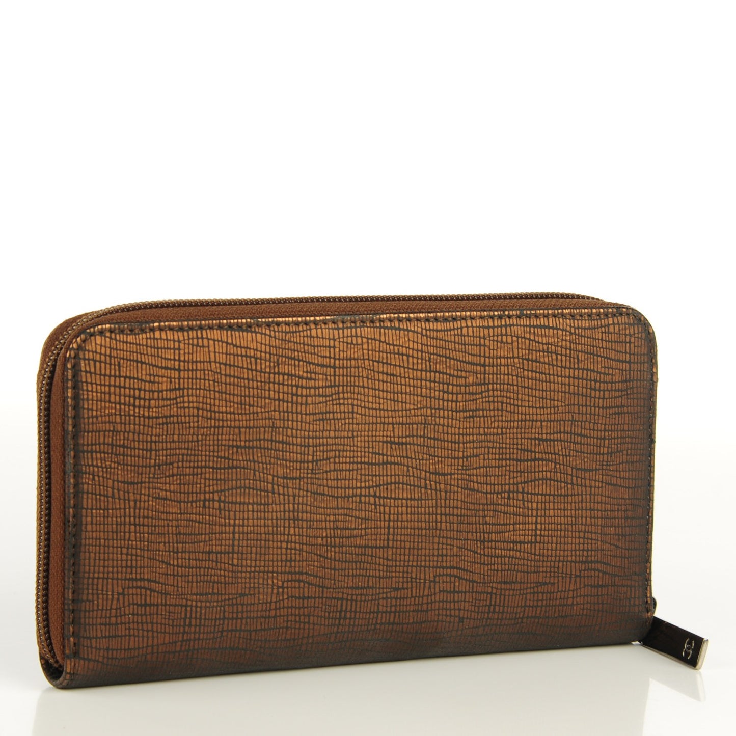 Iridescent Stamped Calfskin Large Timeless CC Gusset Zip Around Wallet Brown