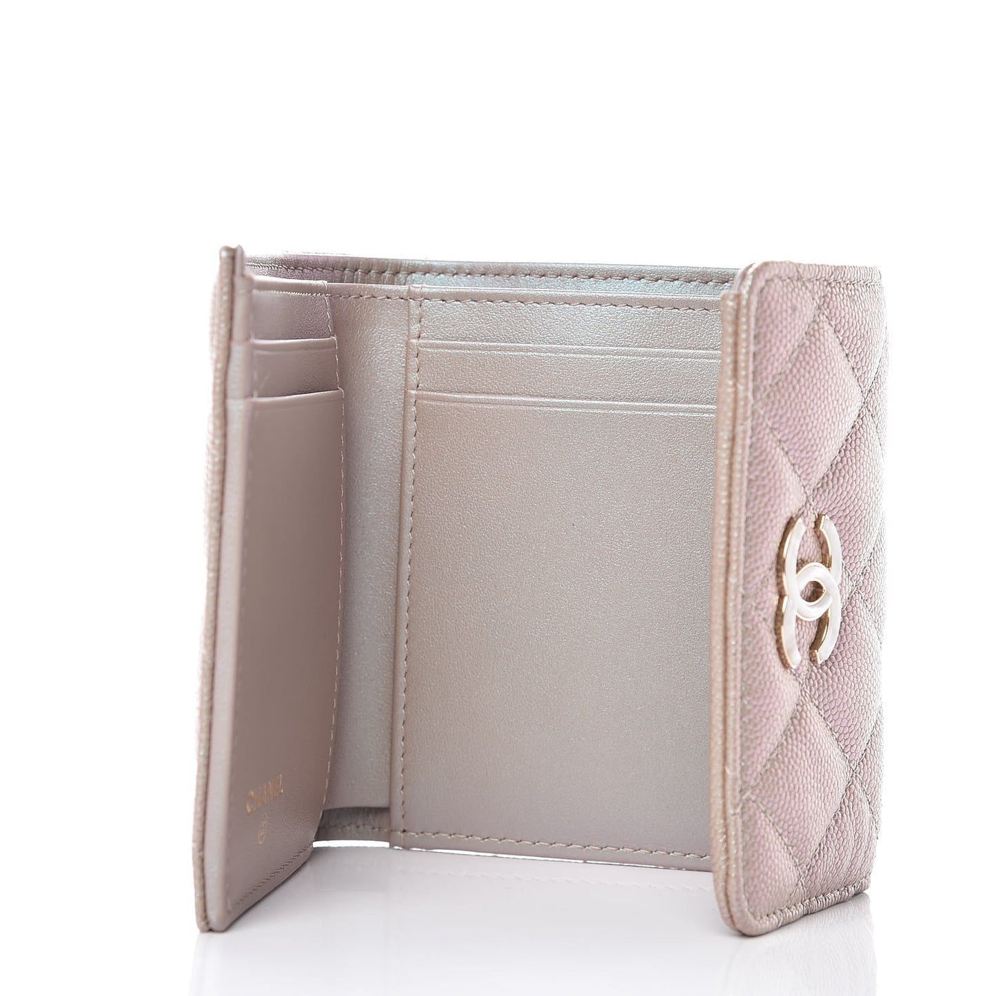 Iridescent Caviar Quilted Small Flap Wallet Beige