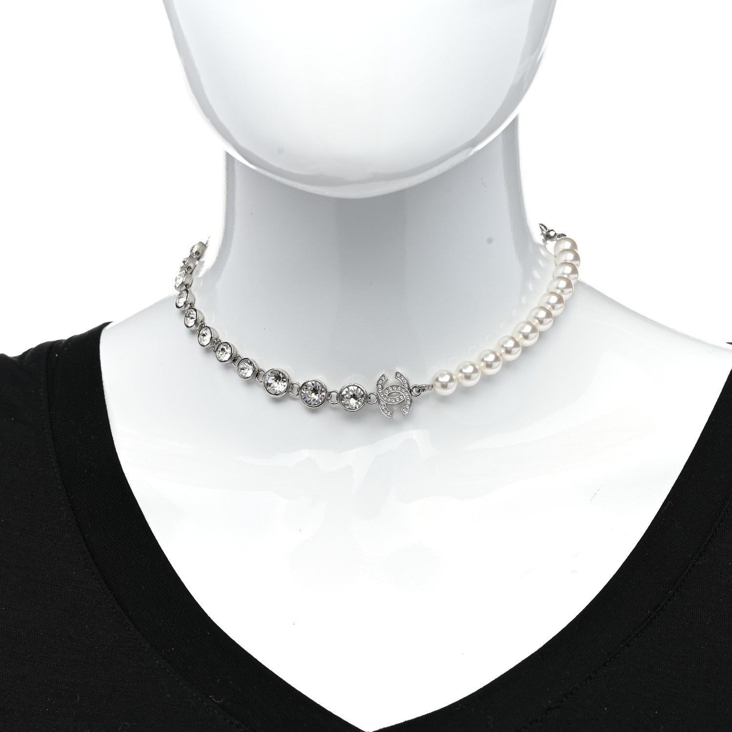 Chanel Pearl Crystal CC Choker Necklace Silver 2 of 6