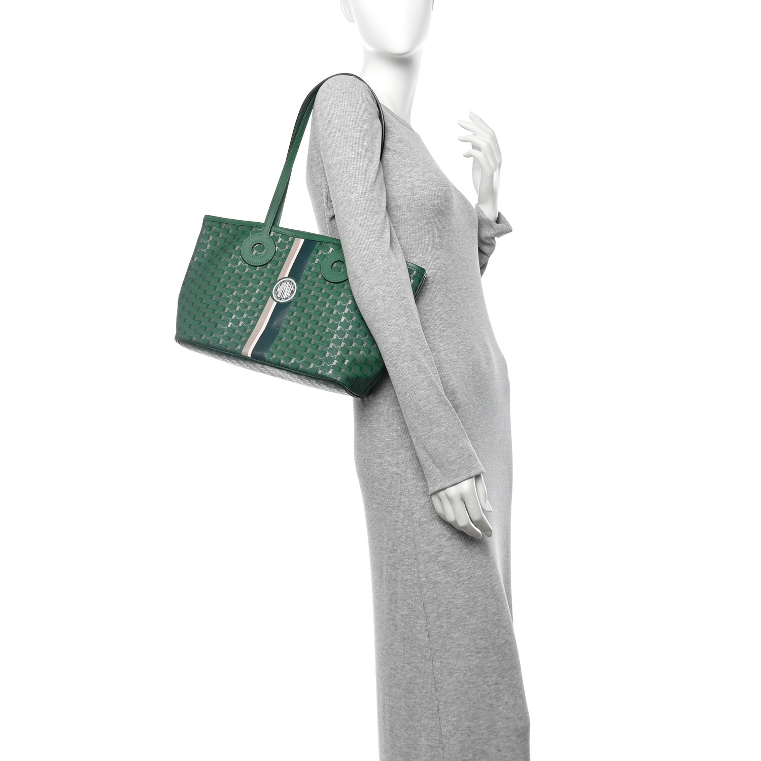 Moynat Grained Calfskin Canvas 1920 Oh! Tote Ruban PM Green Silver 2 of 10