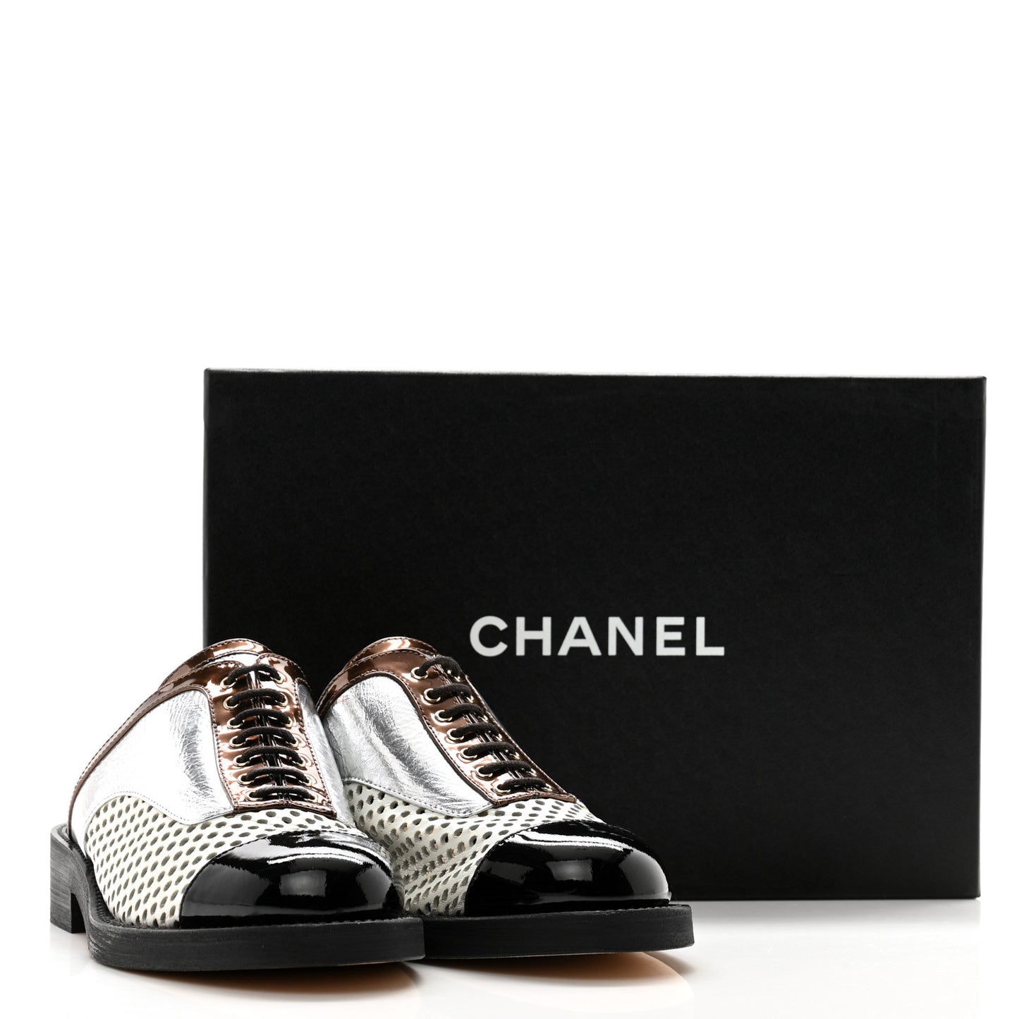 Lambskin Perforated Cap Toe Lace Up Mules 35.5 Silver Black