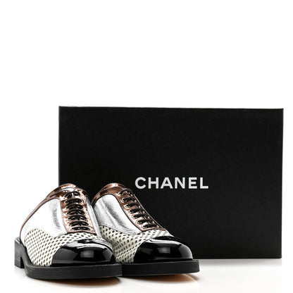Chanel Lambskin Perforated Cap Toe Lace Up Mules 35.5 Silver Black 13 of 13