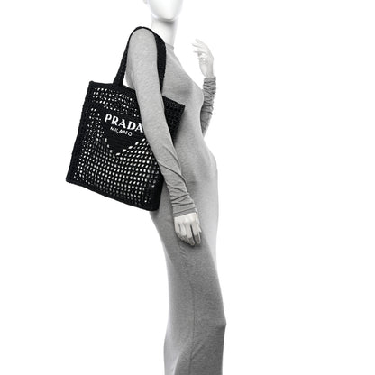 Prada Yarn Raffia Effect Crochet Logo Embroidered Tote Bag Black 2 of 10