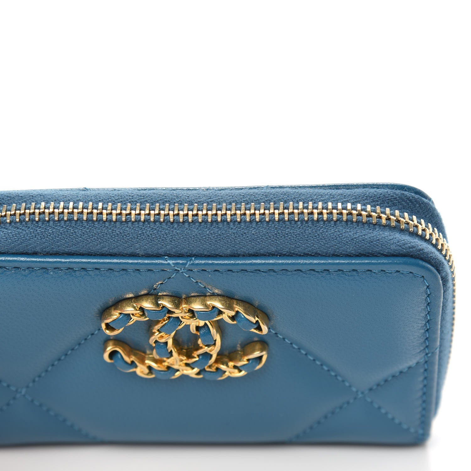 Chanel Goatskin Quilted Chanel 19 Zip Around Coin Purse Wallet Turquoise 8 of 9
