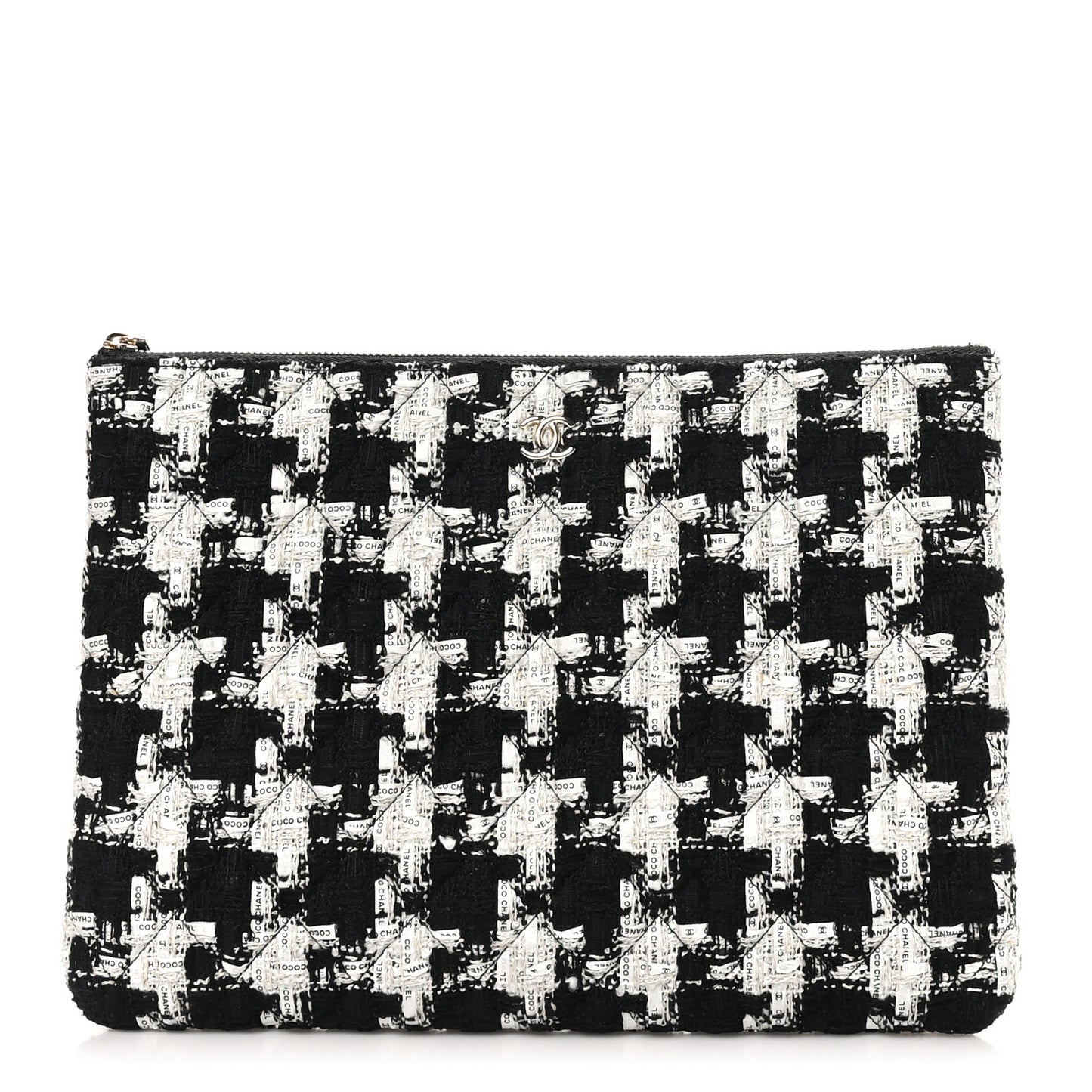 Tweed Quilted Medium Cosmetic Pouch Black Ecru White