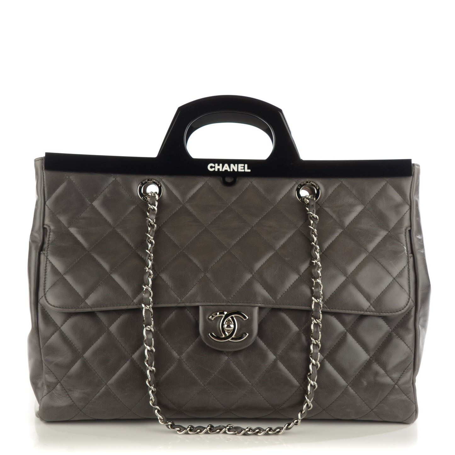 Glazed Calfskin Quilted Large CC Delivery Tote Grey