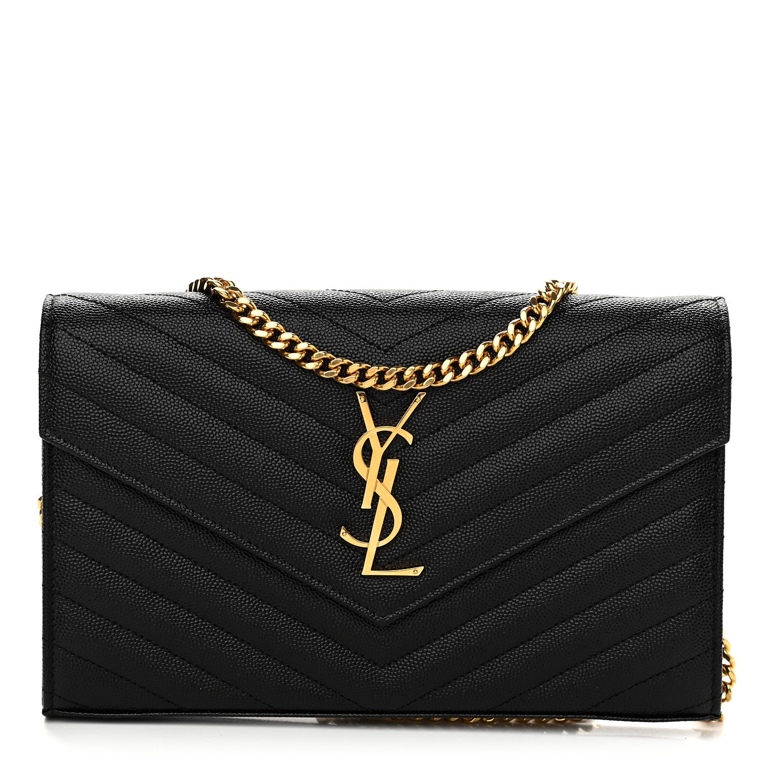 Saint Laurent Grain De Poudre Matelasse Chevron Monogram Chain Wallet Black 1 of 9
