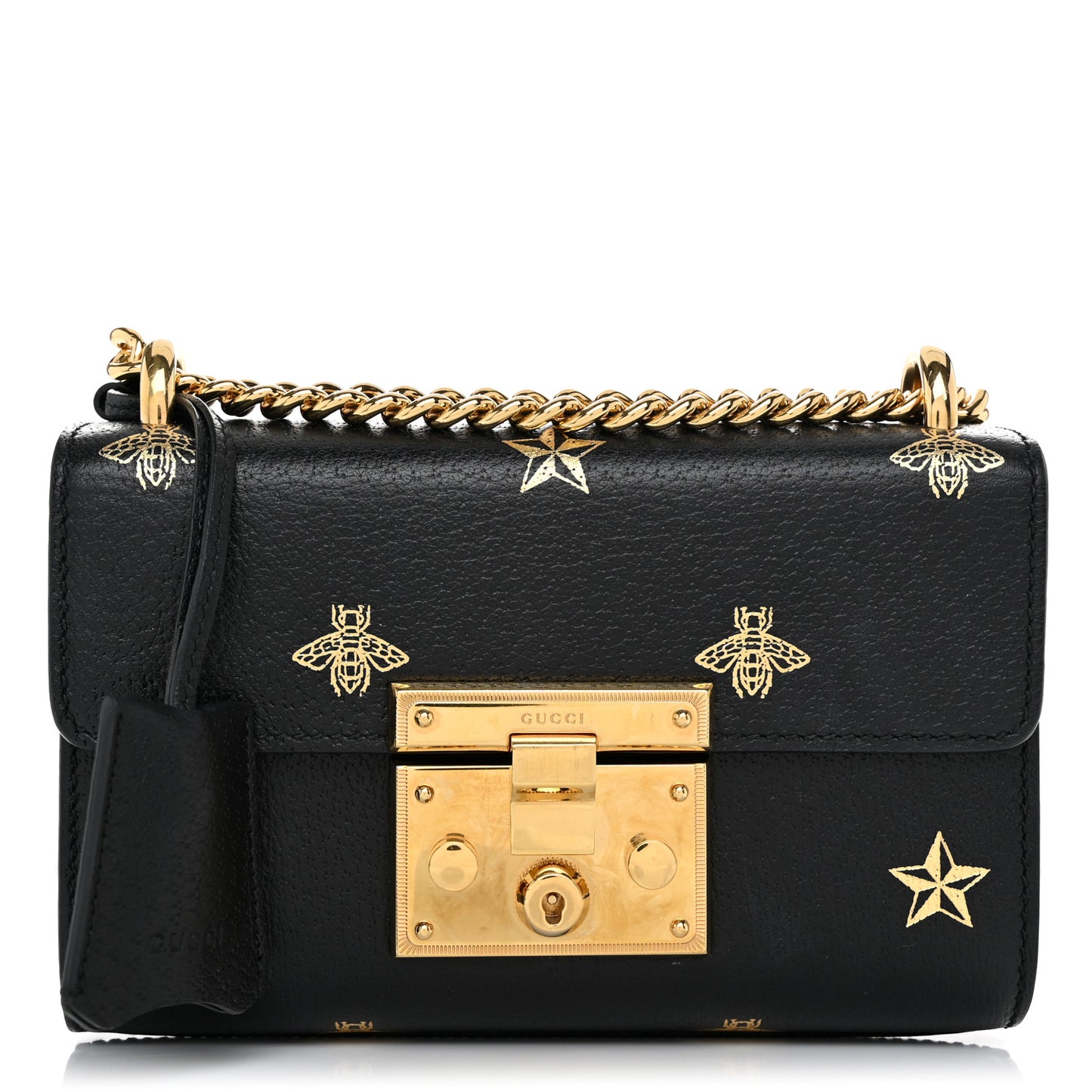 Grained Calfskin Bee Star Small Padlock Shoulder Bag Black
