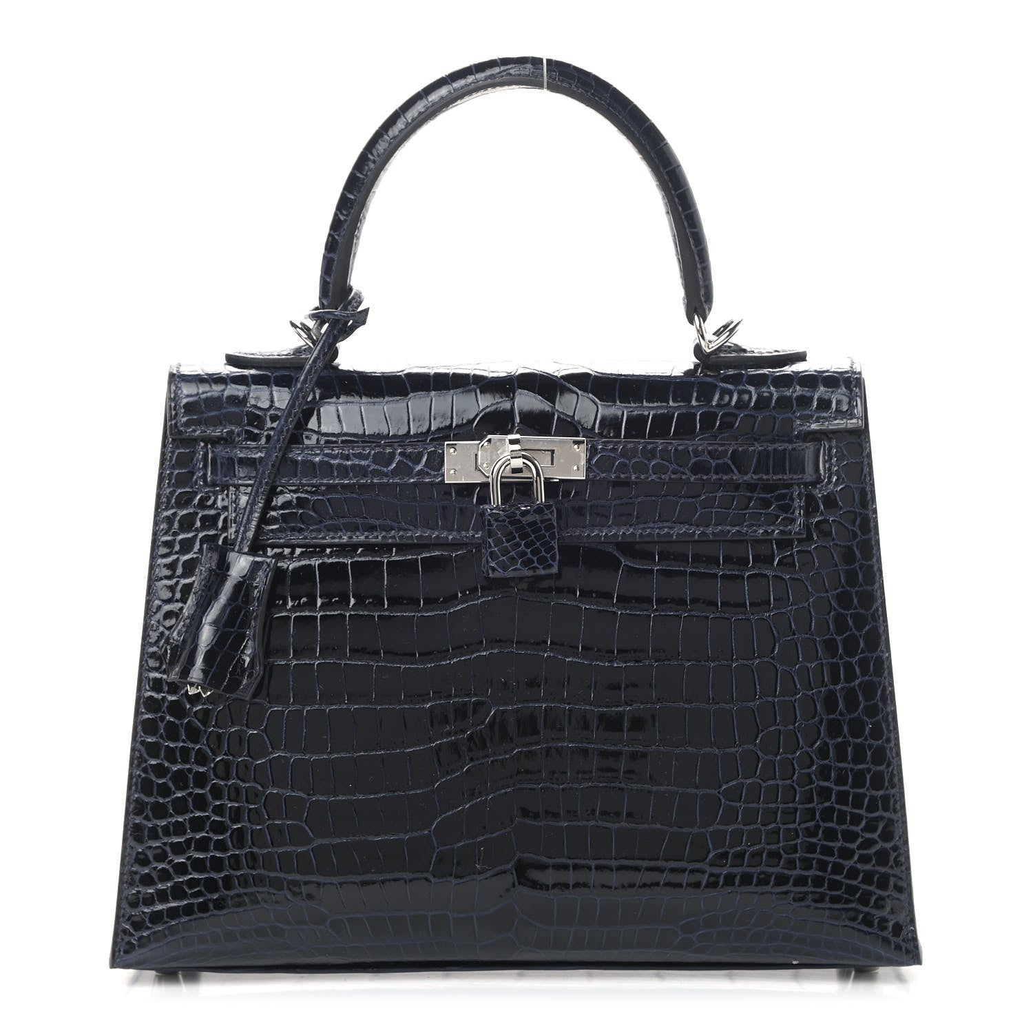 Hermes Shiny Porosus Crocodile Kelly Sellier 25 Bleu Marine 1 of 10