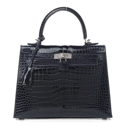 Hermes Shiny Porosus Crocodile Kelly Sellier 25 Bleu Marine 1 of 10