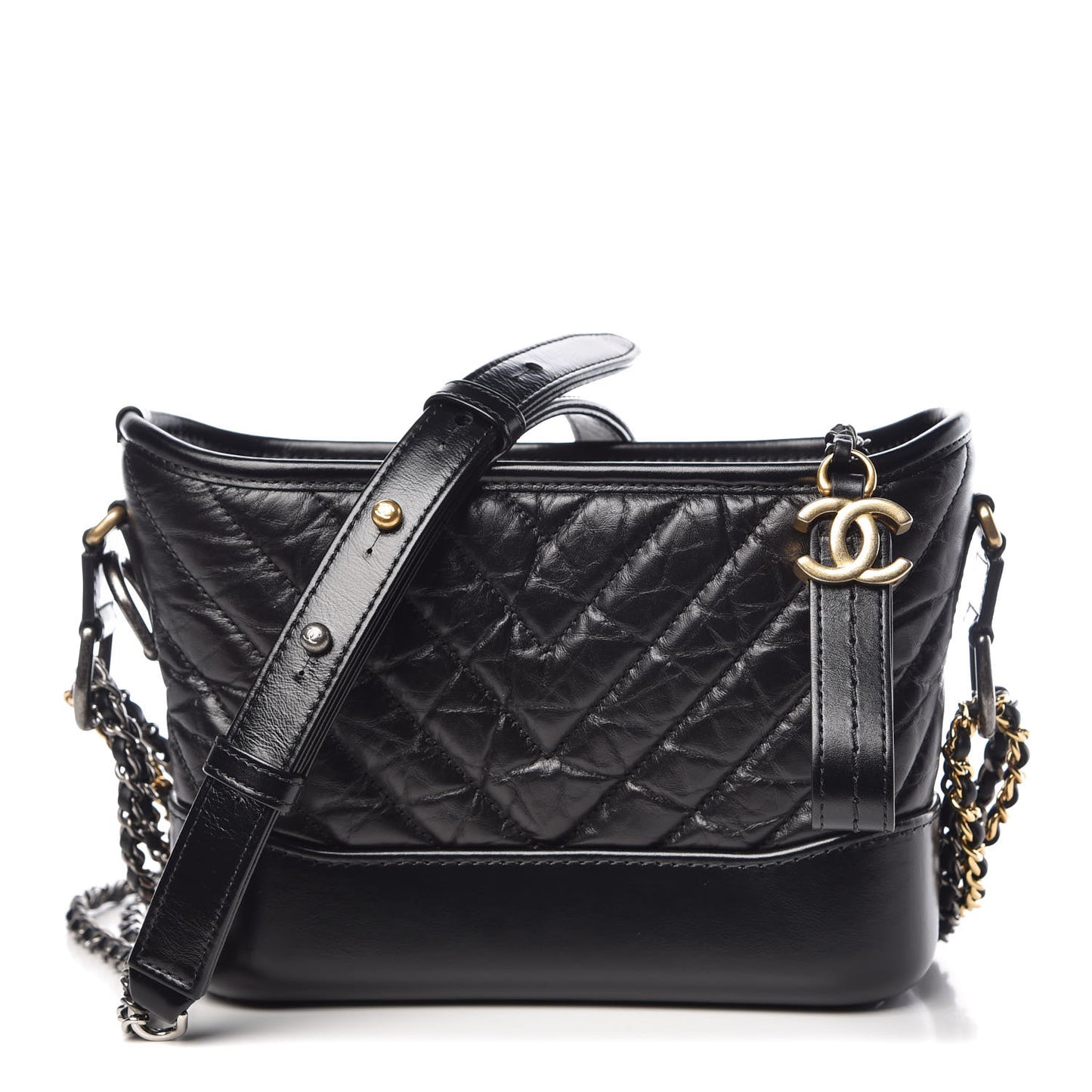 Aged Calfskin Chevron Quilted Small Gabrielle Hobo Black
