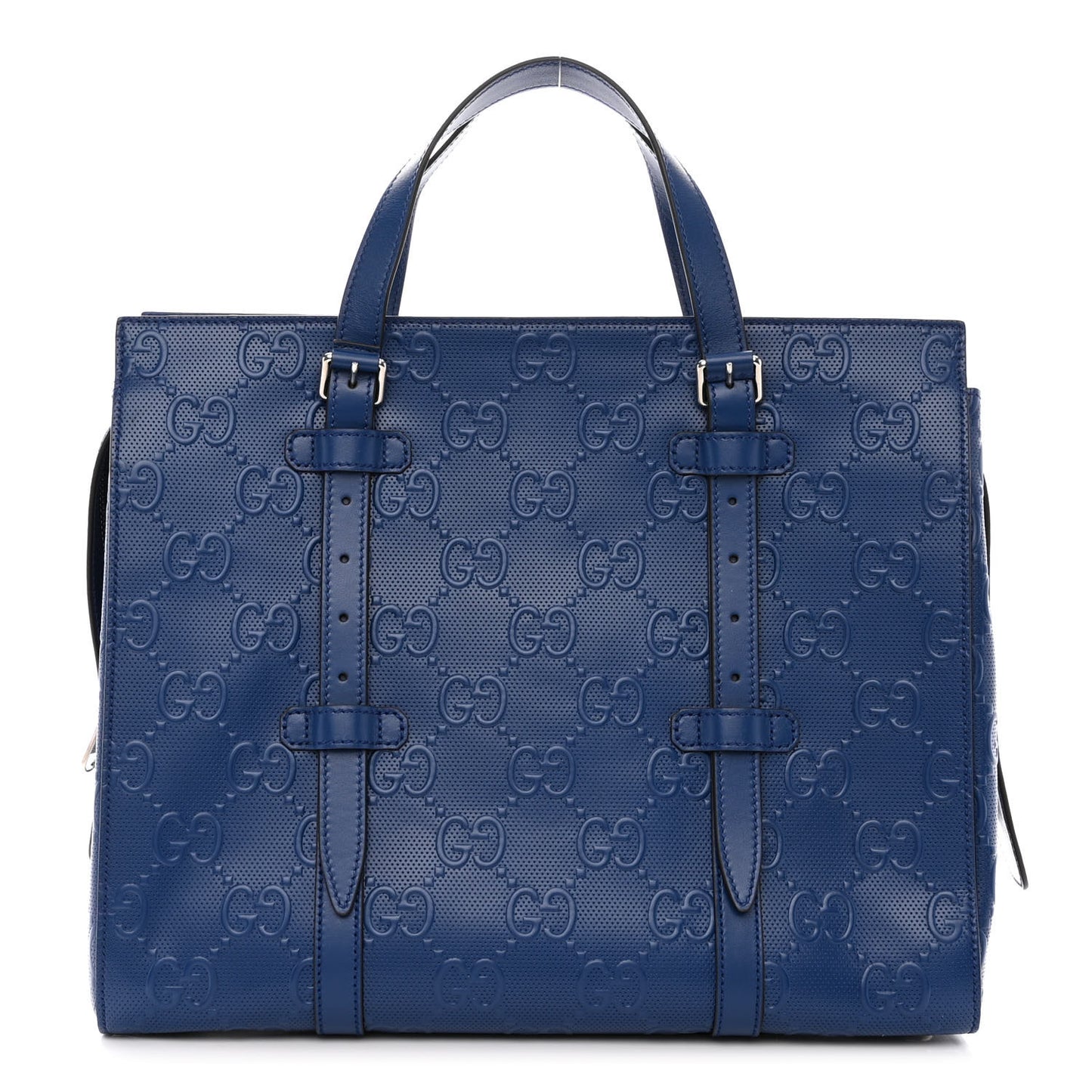 Calfskin GG Tennis Embossed Tote Bag Intense Metal Blue