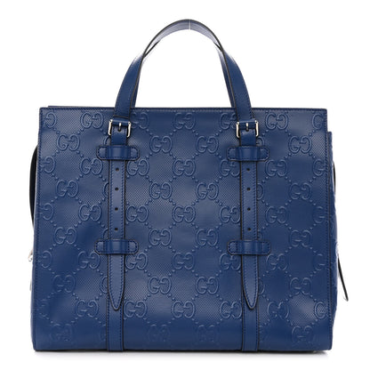 Gucci Calfskin GG Tennis Embossed Tote Bag Intense Metal Blue 1 of 11