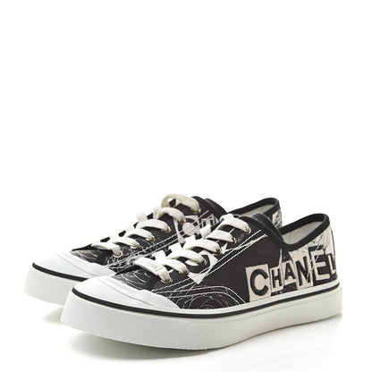 Chanel Printed Fabric Low Top Logo Sneakers 38.5 White Black 3 of 9